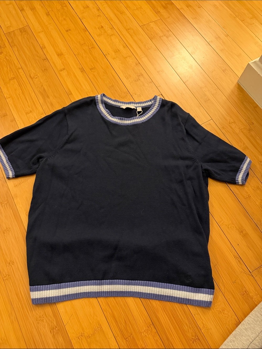 Lady Hagen Navy Short-Sleeve Crewneck Sweater with Light Blue & White Trim